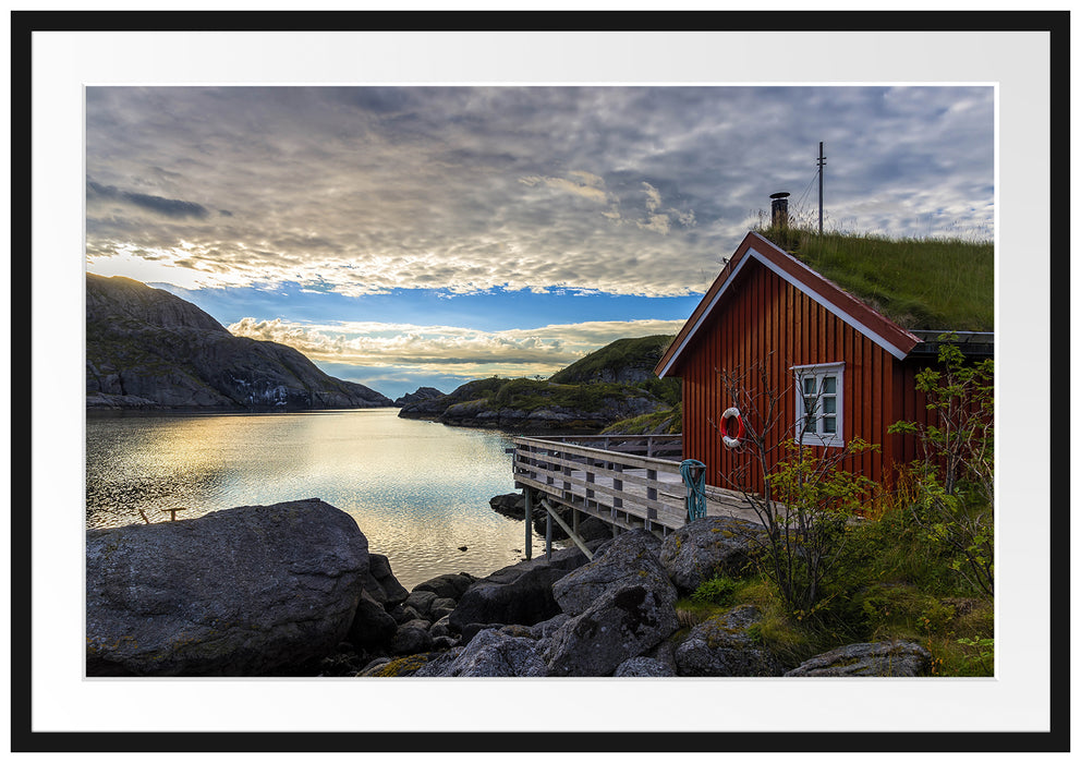 Pixxprint Sonnenaufgang am Fjord Norwegens, im Galerie-Passepartout Bilderrahmen