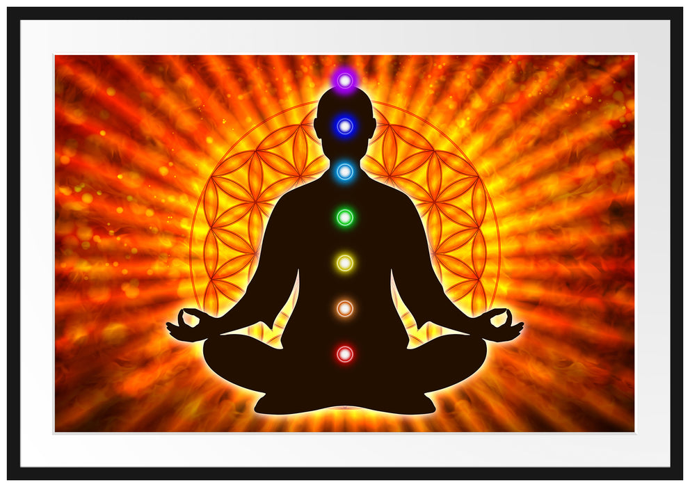 Pixxprint Meditation mit den 7 Chakren, im Galerie-Passepartout Bilderrahmen