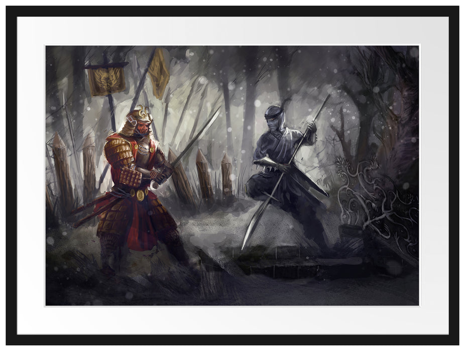 Kampf zwischen Samurai und Ninja Passepartout 80x60