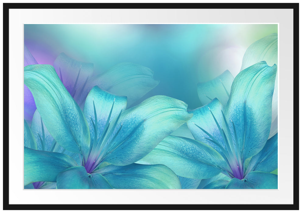 Pixxprint türkise Lilien, im Galerie-Passepartout Bilderrahmen