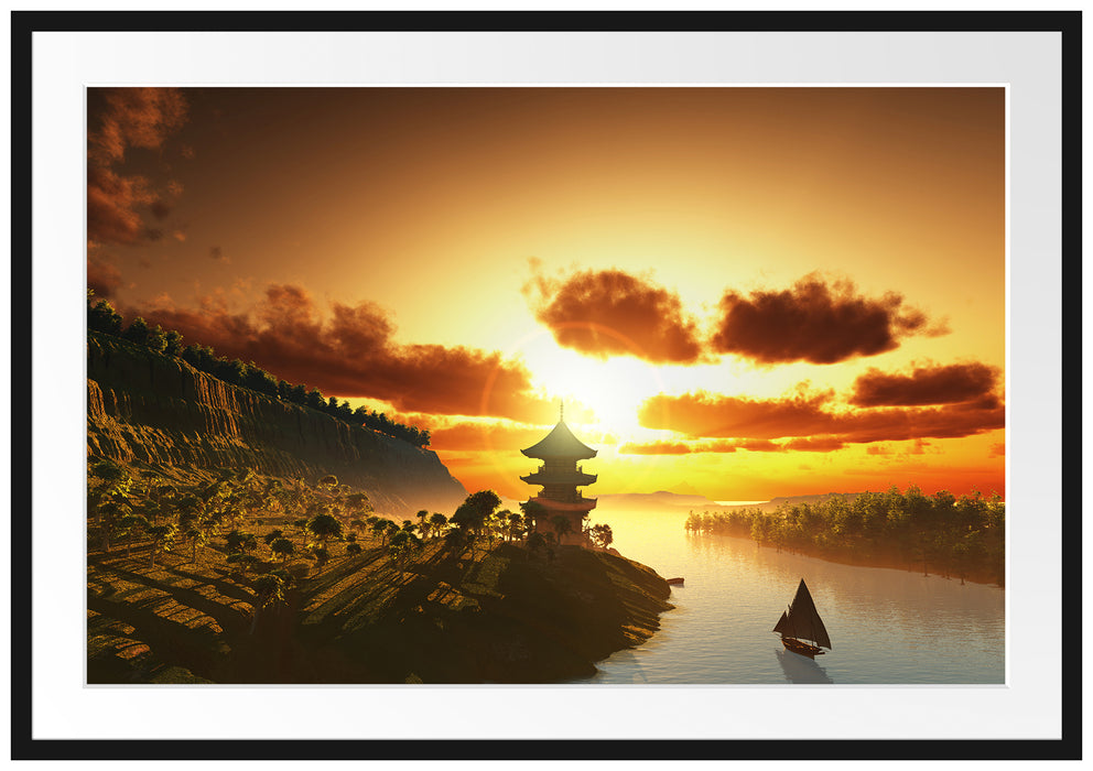 Pixxprint Chinesisches Haus am See, im Galerie-Passepartout Bilderrahmen