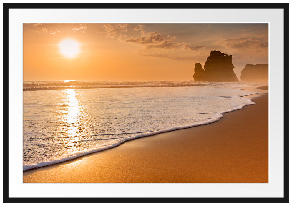 Pixxprint Sonnenuntergang Ozean, im Galerie-Passepartout Bilderrahmen