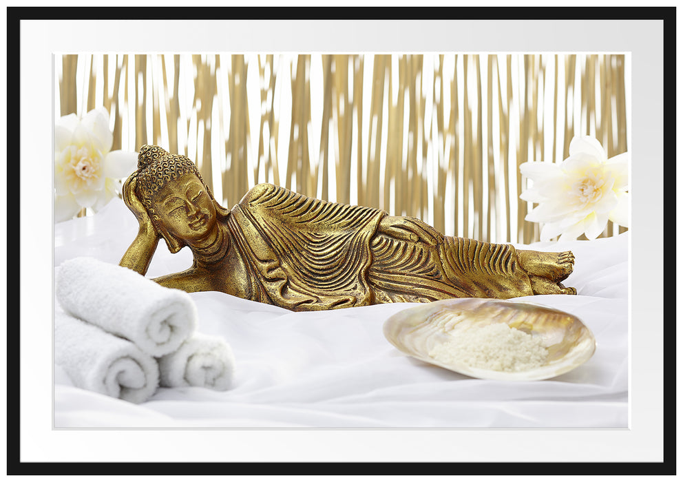 Pixxprint goldener Buddha auf Handtuch, im Galerie-Passepartout Bilderrahmen