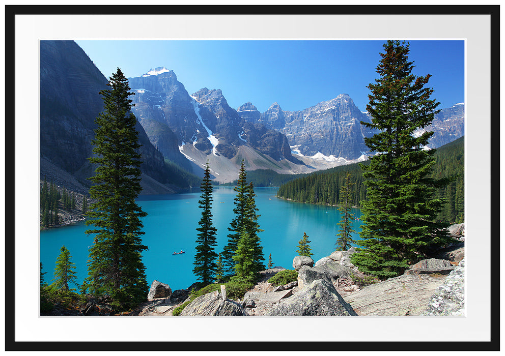 Pixxprint Moraine Lake kanadische Berge, im Galerie-Passepartout Bilderrahmen