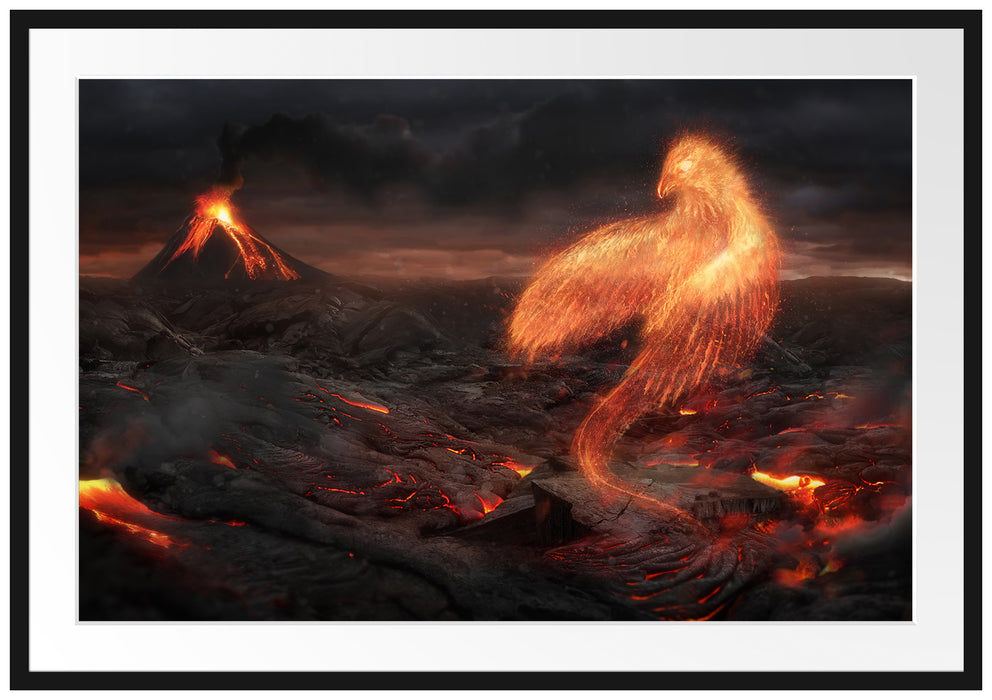 Pixxprint Brennender Phönix Vulkanlandschaft, im Galerie-Passepartout Bilderrahmen