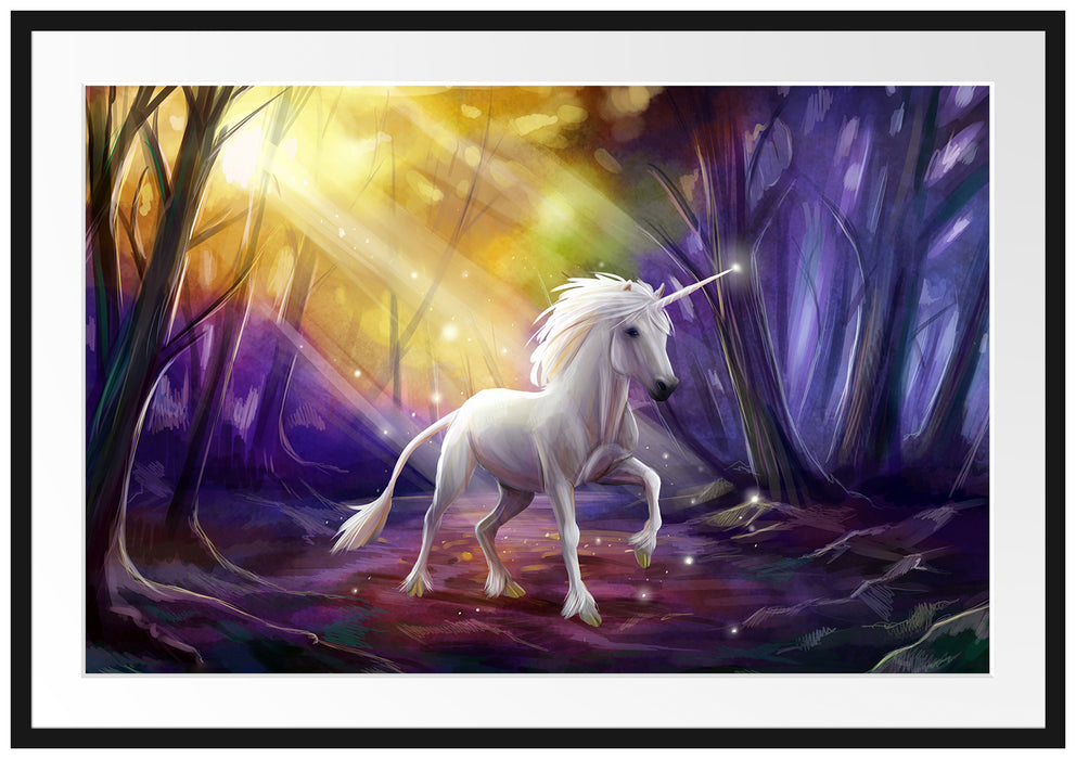 Pixxprint Einhorn im Märchenwald, im Galerie-Passepartout Bilderrahmen
