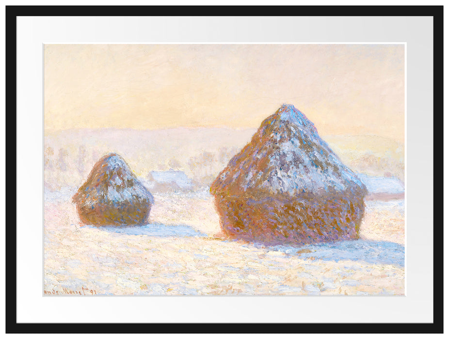 Claude Monet - Heuschober am Morgen Schneeeffekt Passepartout Rechteckig 80