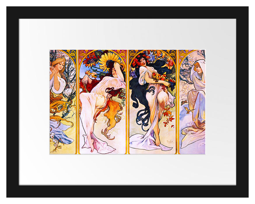 Pixxprint Alfons Mucha - Vier Jahreszeiten , im Galerie-Passepartout Bilderrahmen