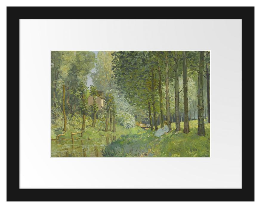 Pixxprint Alfred Sisley - Rest Along the Sream Edge of the Wood , im Galerie-Passepartout Bilderrahmen