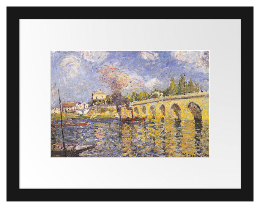 Pixxprint Alfred Sisley - River Steamboat and Bridge , im Galerie-Passepartout Bilderrahmen