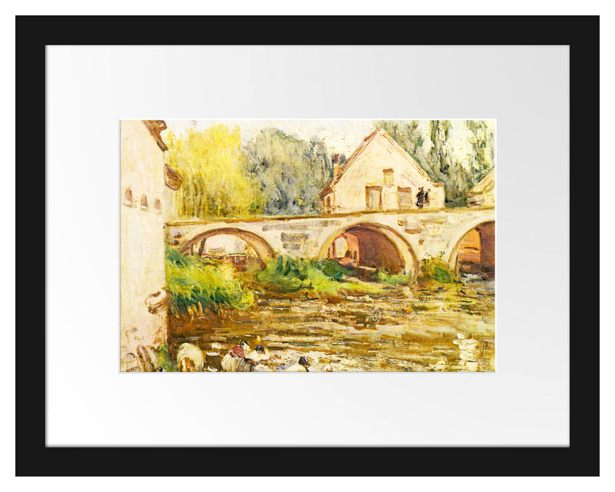 Pixxprint Alfred Sisley - The Washerwomen of Moret , im Galerie-Passepartout Bilderrahmen
