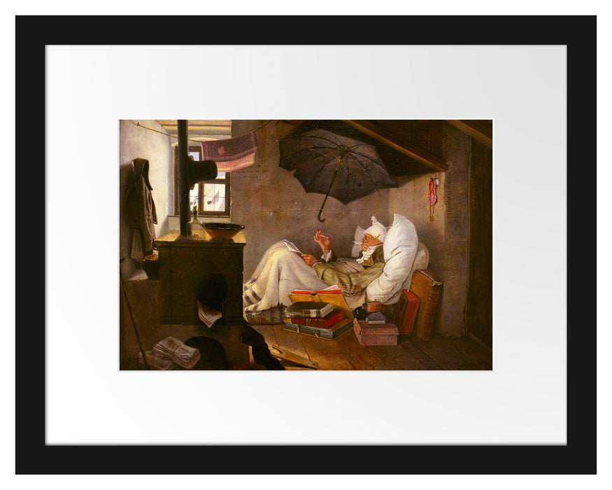Pixxprint Carl Spitzweg - Der arme Poet, im Galerie-Passepartout Bilderrahmen