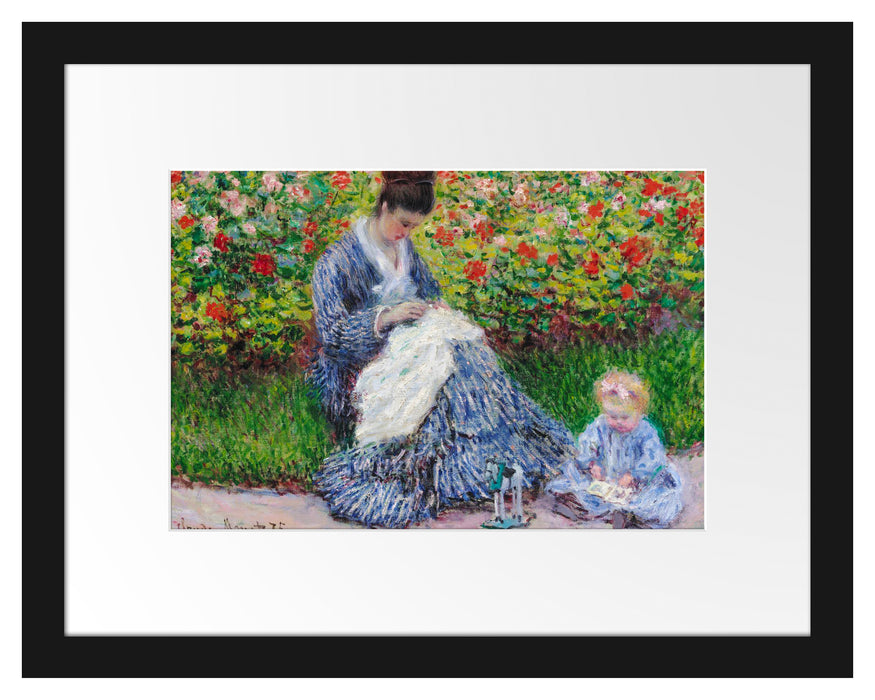 Pixxprint Claude Monet - Camille Monet und ein Kind im Garten des, im Galerie-Passepartout Bilderrahmen