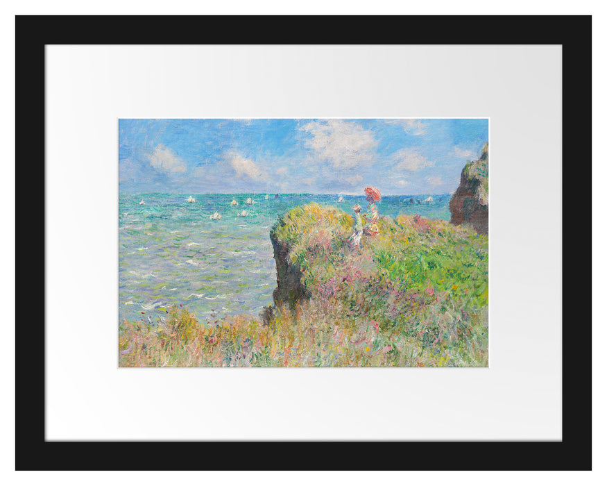 Pixxprint Claude Monet - Spaziergang auf Klippen-Ebene bei Pourvi, im Galerie-Passepartout Bilderrahmen