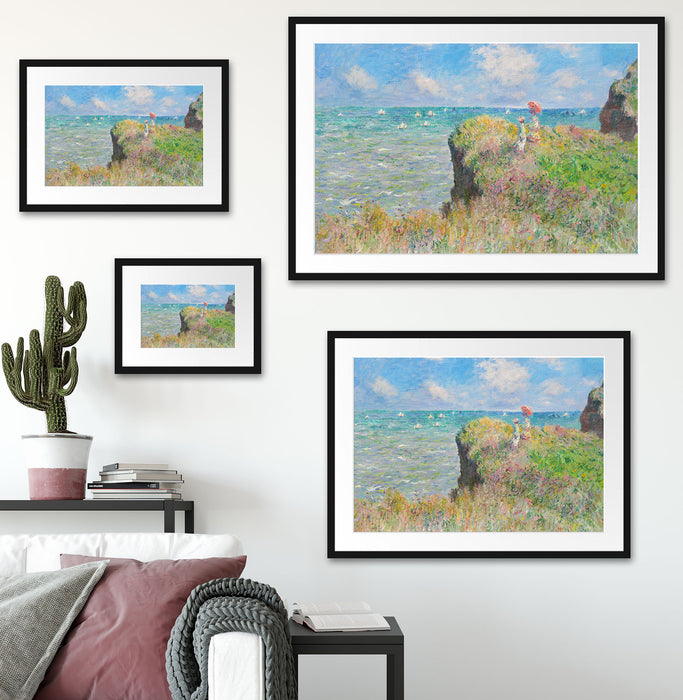 Claude Monet - Spaziergang auf Klippen-Ebene bei Pourvi Passepartout Wohnzimmer Rechteckig