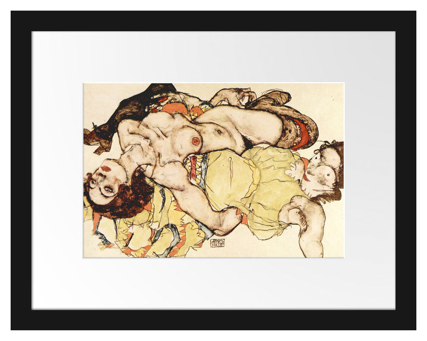 Pixxprint Egon Schiele - Sich liebende Frauen , im Galerie-Passepartout Bilderrahmen