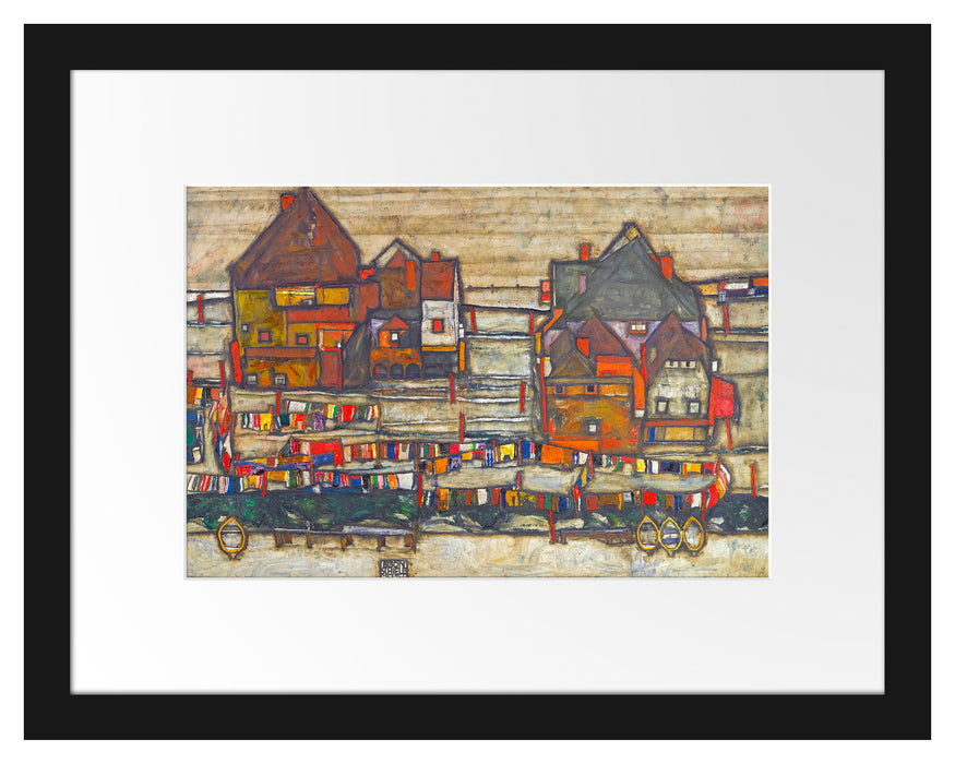 Pixxprint Egon Schiele - Häuser mit bunter Wäsche , im Galerie-Passepartout Bilderrahmen
