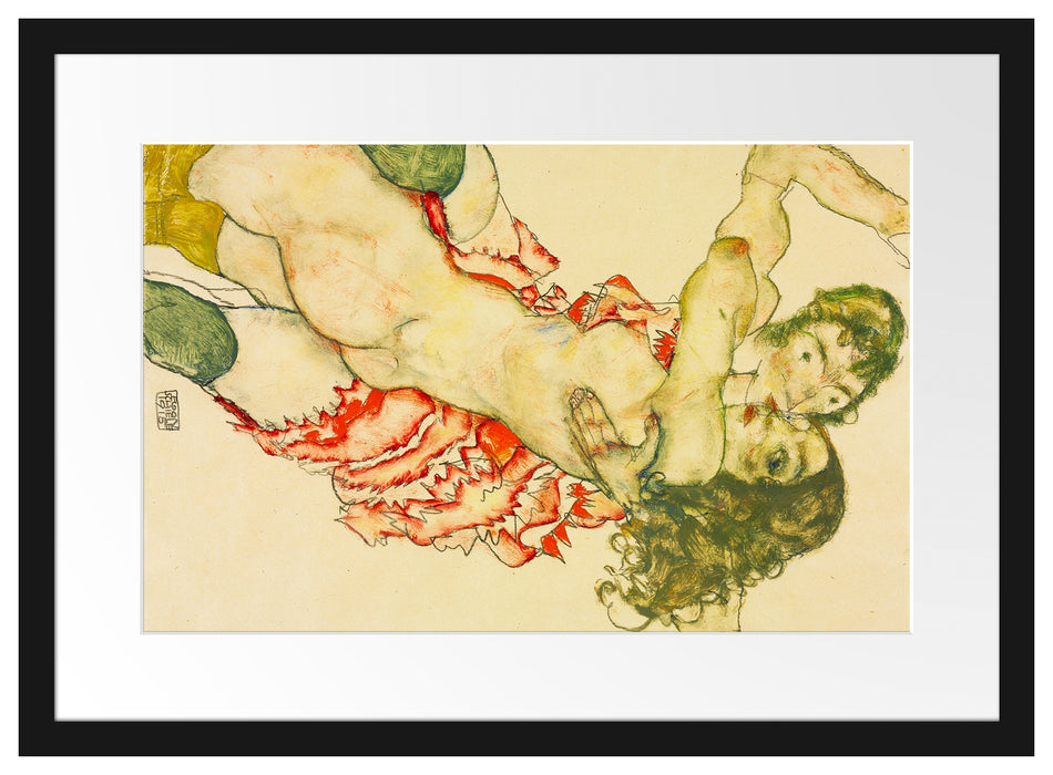 Egon Schiele - Zwei sich umarmende Frauen  Passepartout Rechteckig 40