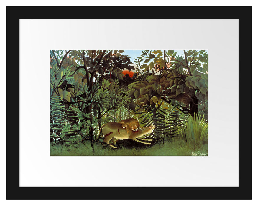 Pixxprint Henri Rousseau - Hungriger Löwe, im Galerie-Passepartout Bilderrahmen