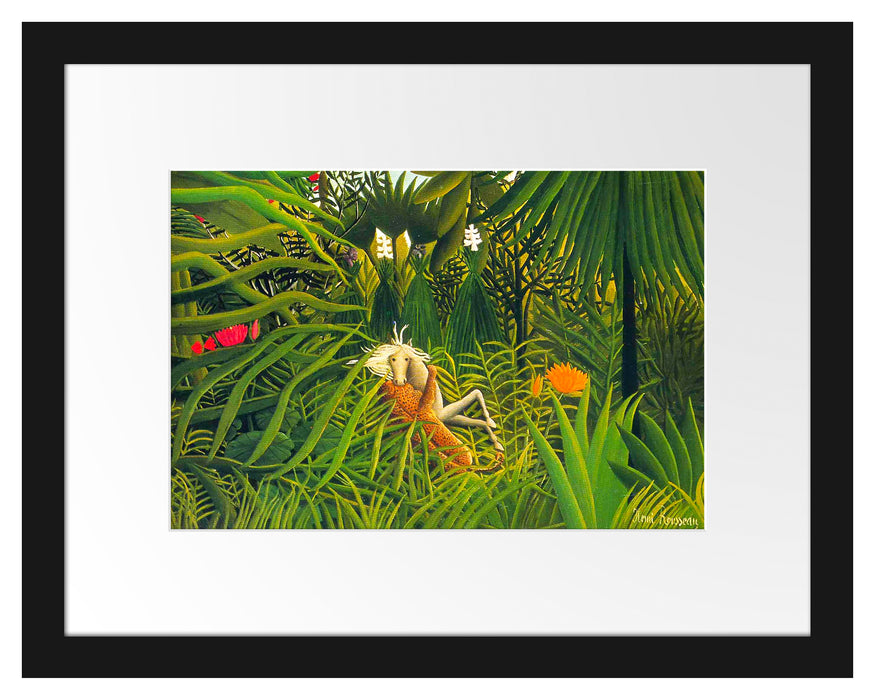 Pixxprint Henri Rousseau - Jaguar attackiert ein Pferd , im Galerie-Passepartout Bilderrahmen