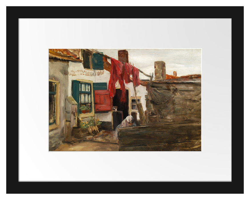 Pixxprint Max Liebermann - Holländische Dorfecke mit hängender Wä, im Galerie-Passepartout Bilderrahmen