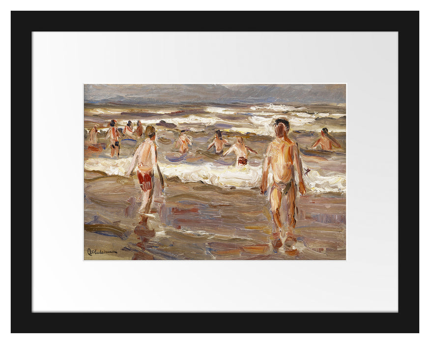 Pixxprint Max Liebermann - Badende Knaben im Meer, im Galerie-Passepartout Bilderrahmen