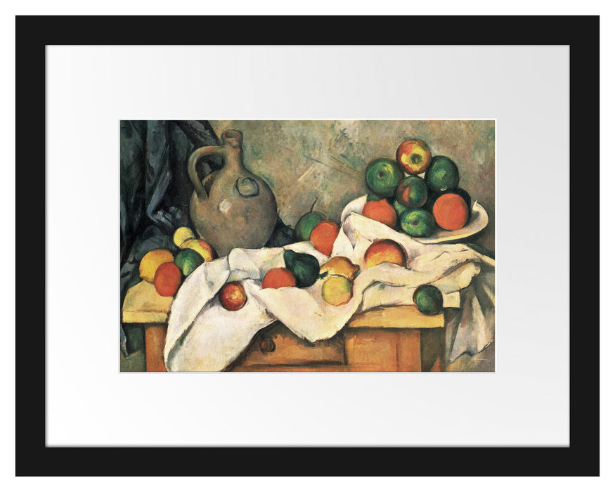 Pixxprint Paul Cézanne - Stillleben mit Vorhang Krug und Obstsc, im Galerie-Passepartout Bilderrahmen