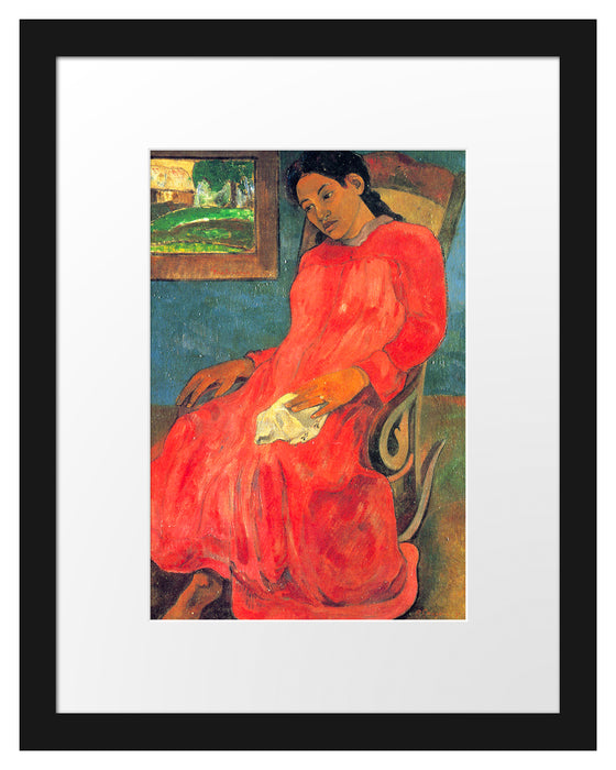 Pixxprint Paul Gauguin - Frau im rotem Kleid , im Galerie-Passepartout Bilderrahmen