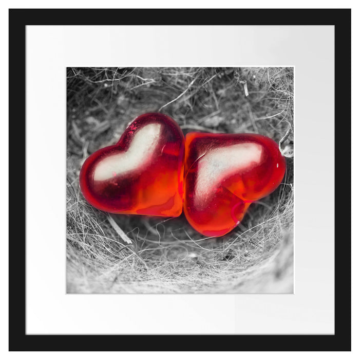 zwei Herzen in kleinem Nest Passepartout Quadratisch 40x40