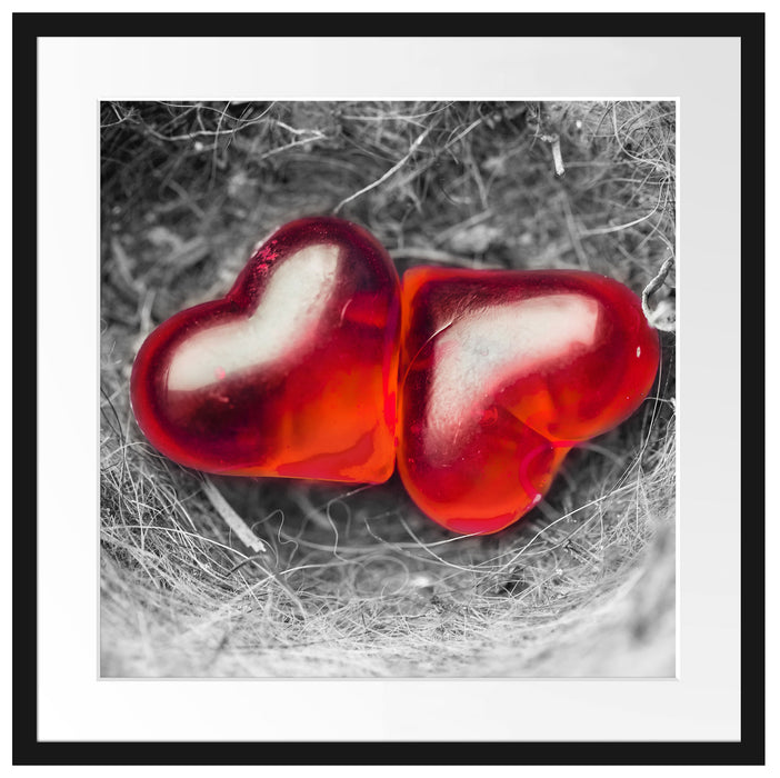 zwei Herzen in kleinem Nest Passepartout Quadratisch 55x55