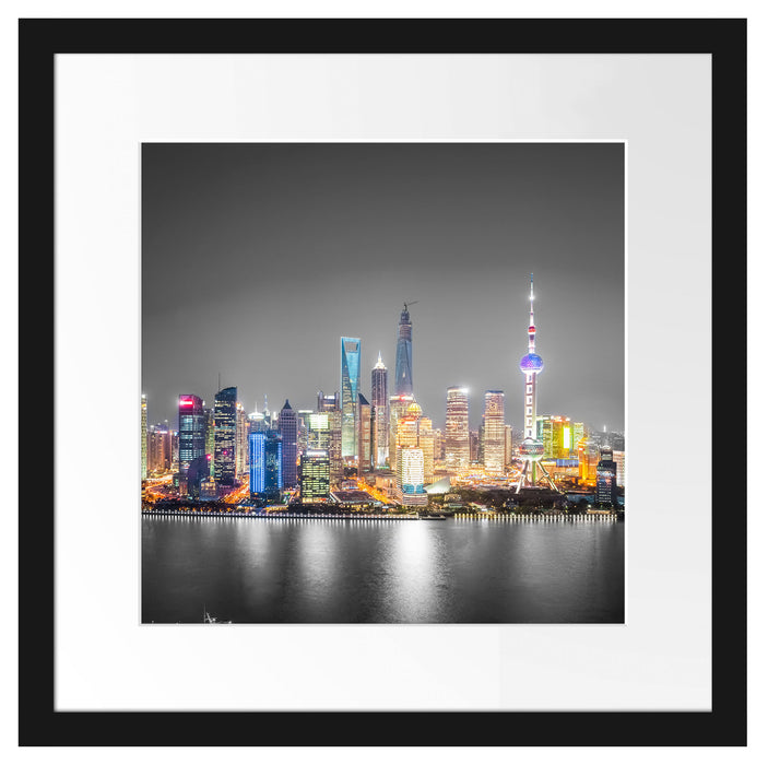 Shanghai Skyline bei Nacht Passepartout Quadratisch 40x40