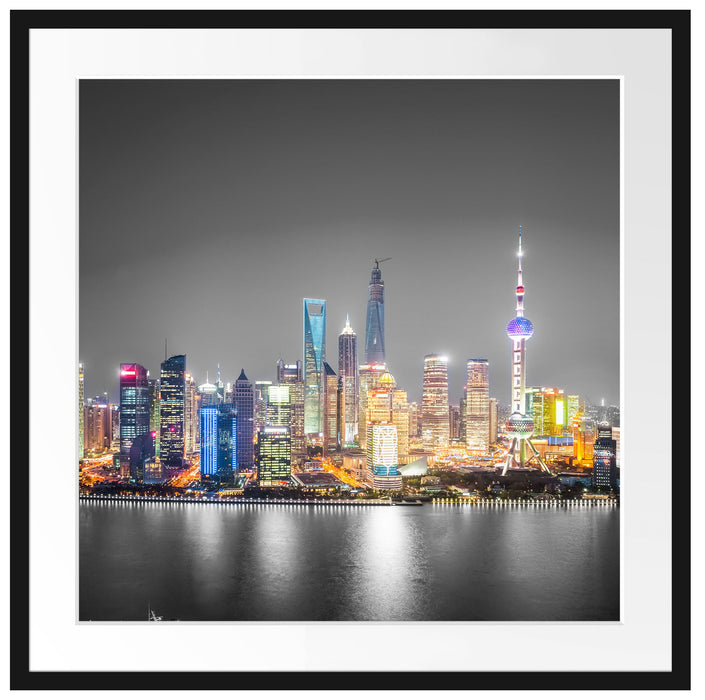 Shanghai Skyline bei Nacht Passepartout Quadratisch 70x70