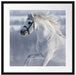 Weißes Pferd auf Schneewiese B&W Passepartout Quadratisch 55x55