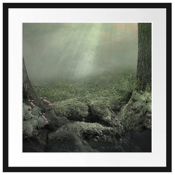 Märchenwald mit Schmetterling Passepartout Quadratisch 55x55