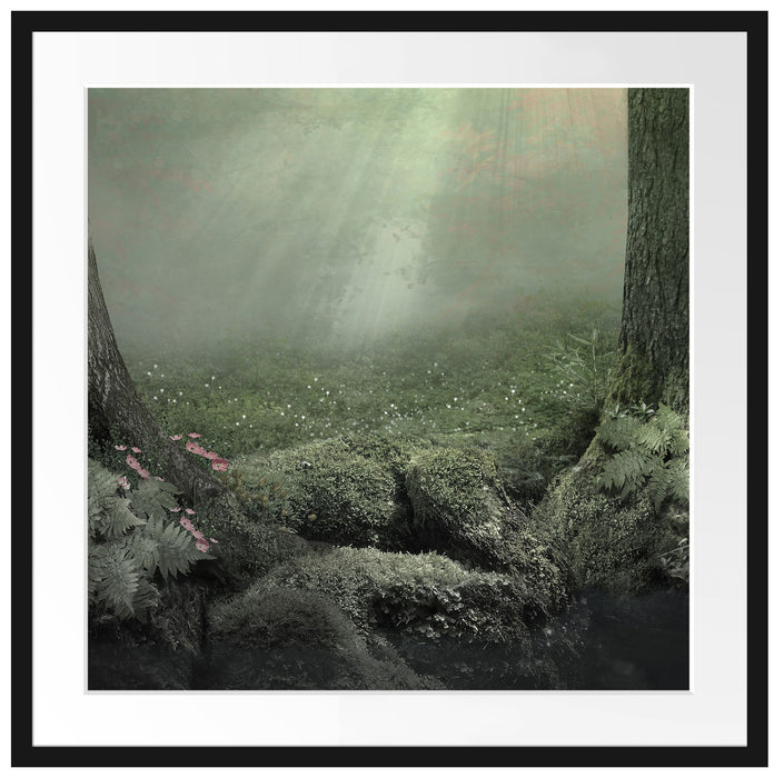 Märchenwald mit Schmetterling Passepartout Quadratisch 70x70