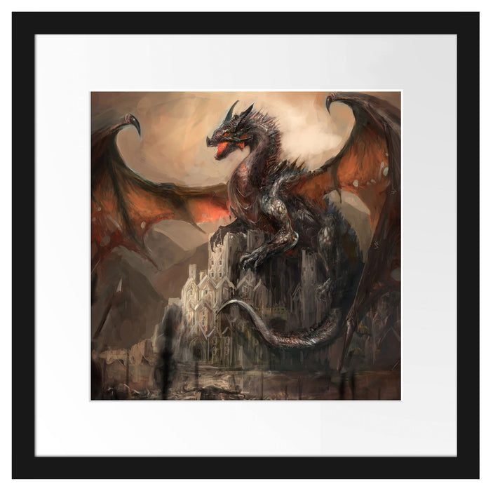 Drache schützend über Burg Passepartout Quadratisch 40x40