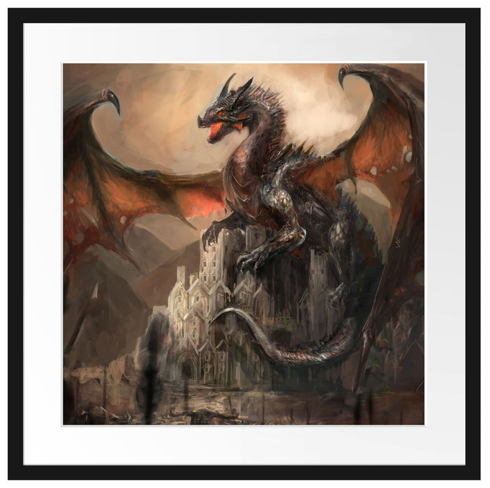 Drache schützend über Burg Passepartout Quadratisch 55x55