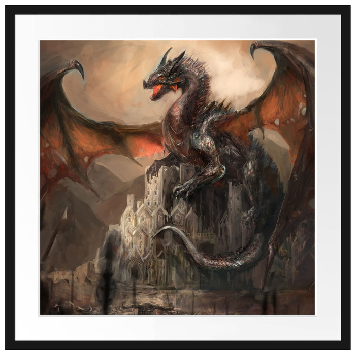 Drache schützend über Burg Passepartout Quadratisch 70x70