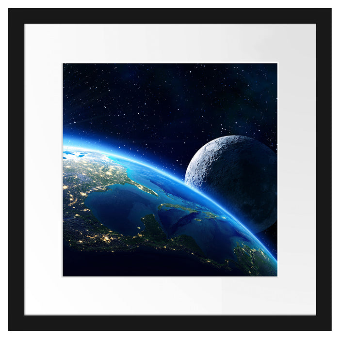 Erde und Mond im All Passepartout Quadratisch 40x40