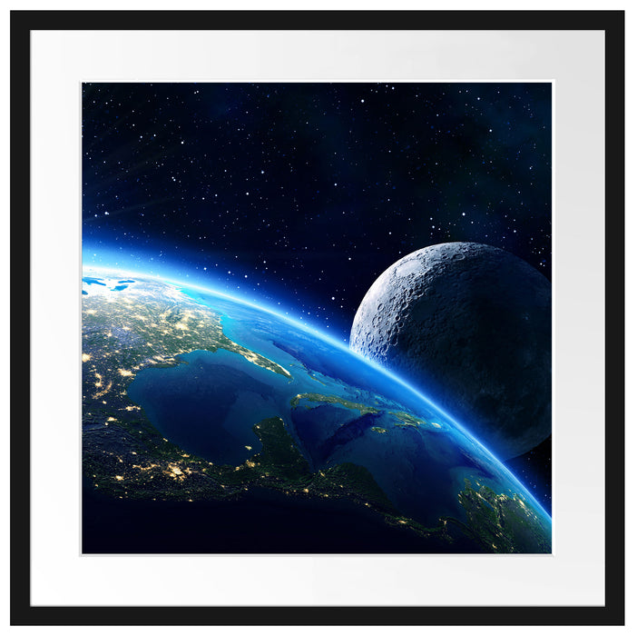 Erde und Mond im All Passepartout Quadratisch 55x55