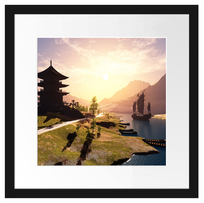 asiatischer Tempel an Fluss Passepartout Quadratisch 40x40