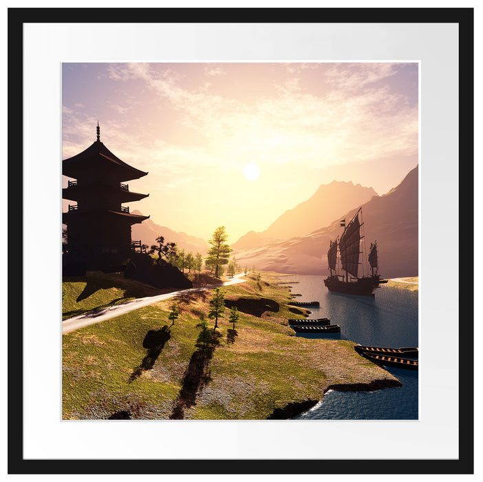 asiatischer Tempel an Fluss Passepartout Quadratisch 55x55