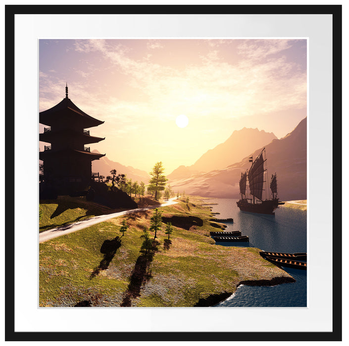 asiatischer Tempel an Fluss Passepartout Quadratisch 70x70