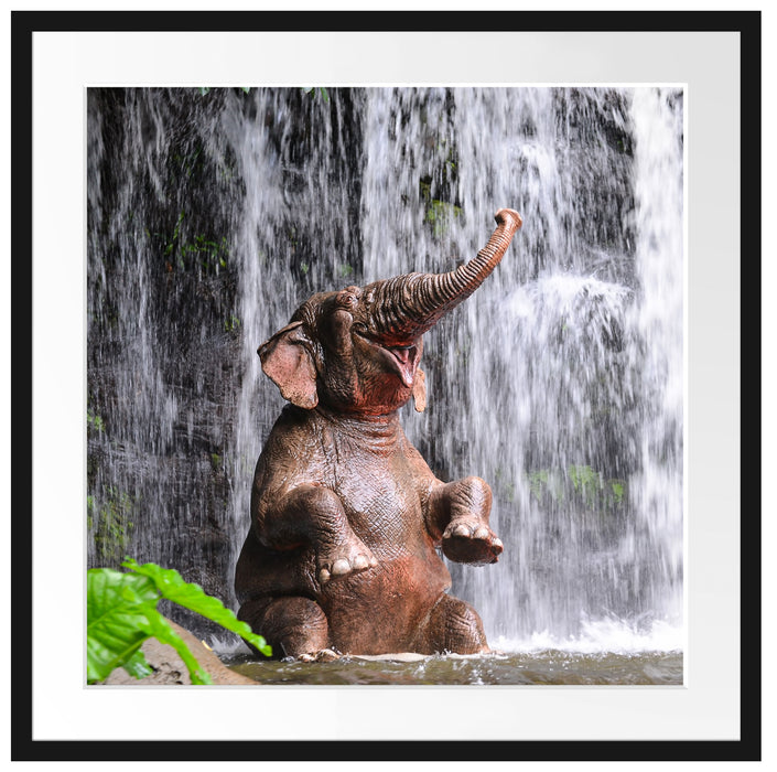 Babyelefant am Wasserfall Passepartout Quadratisch 70x70