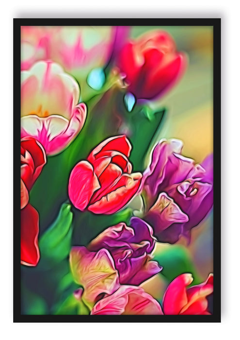Pixxprint Farbenfroher Tulpenstrauß, Poster mit Bilderrahmen