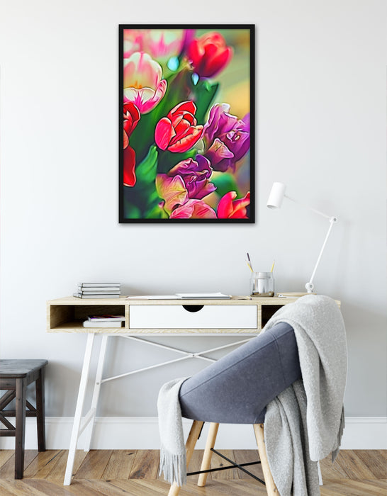 Farbenfroher Tulpenstrauß, Poster mit Bilderrahmen