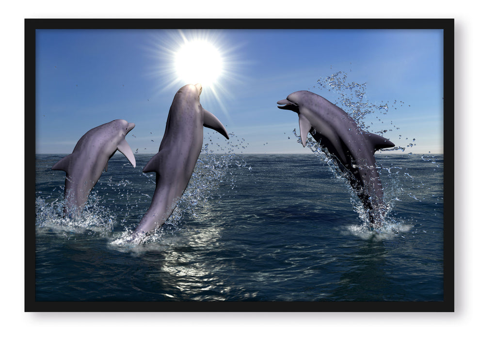 Pixxprint springende Delphine, Poster mit Bilderrahmen