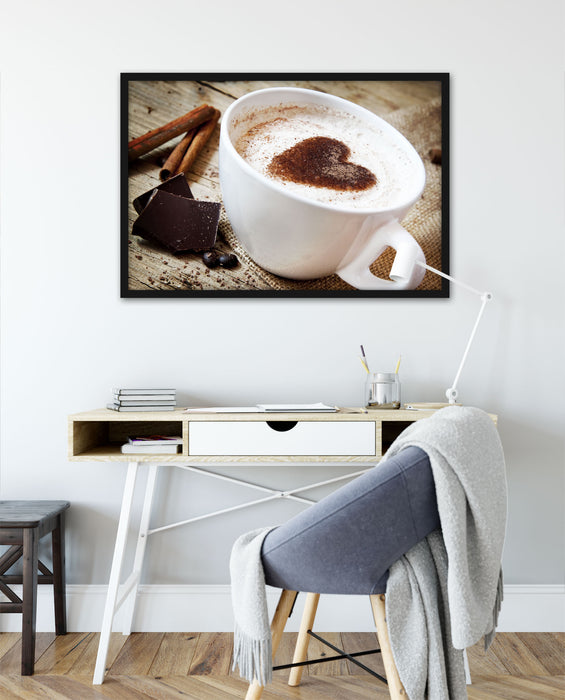 Tasse Kaffee mit Schokolade, Poster mit Bilderrahmen