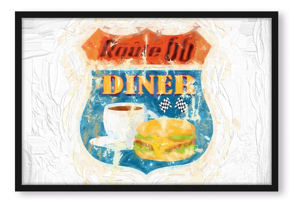 Pixxprint Route 66 Dinerschild, Poster mit Bilderrahmen
