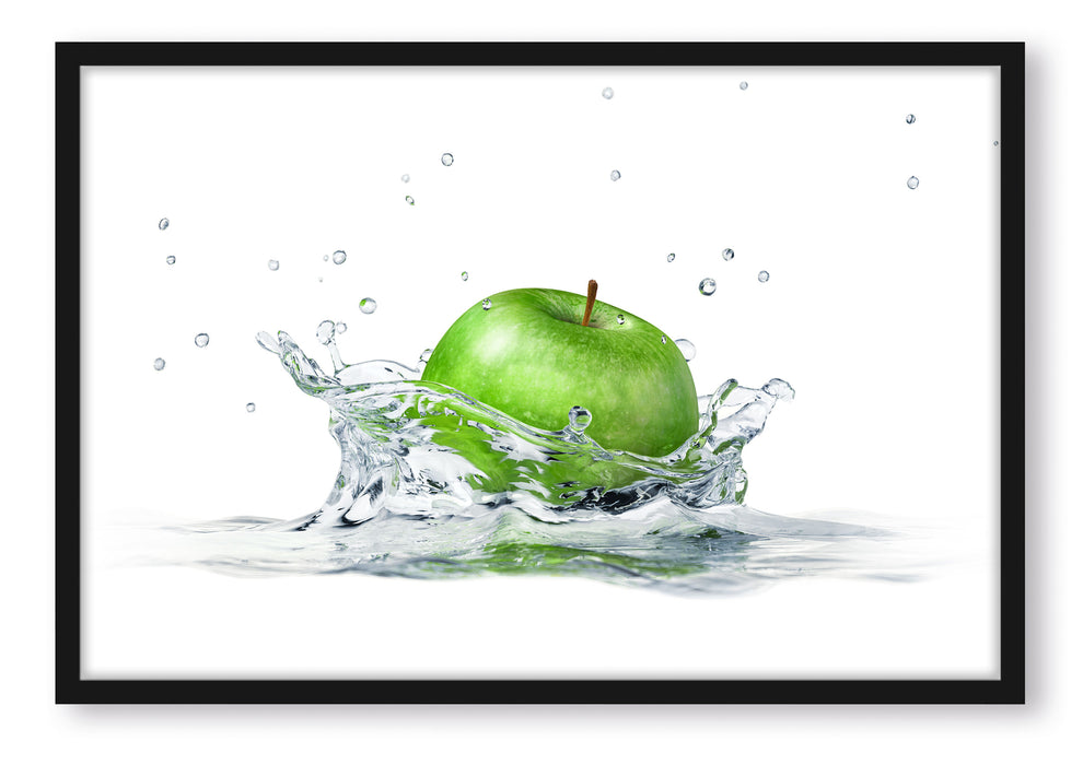 Grüner Apfel fällt in Wasser, Poster mit Bilderrahmen